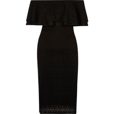 Black lace frill bardot dress